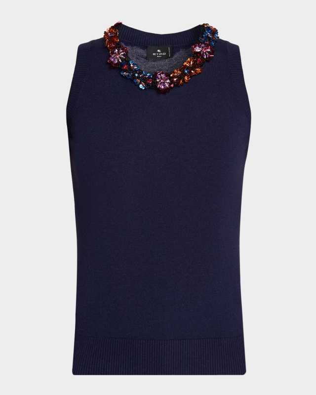 Sequined Neck Silk-Cashmere Tank Top